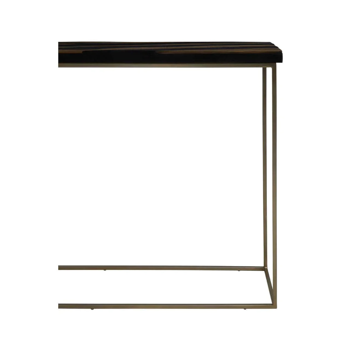 Black console table with slim metal frame and rectangular top, side angle view