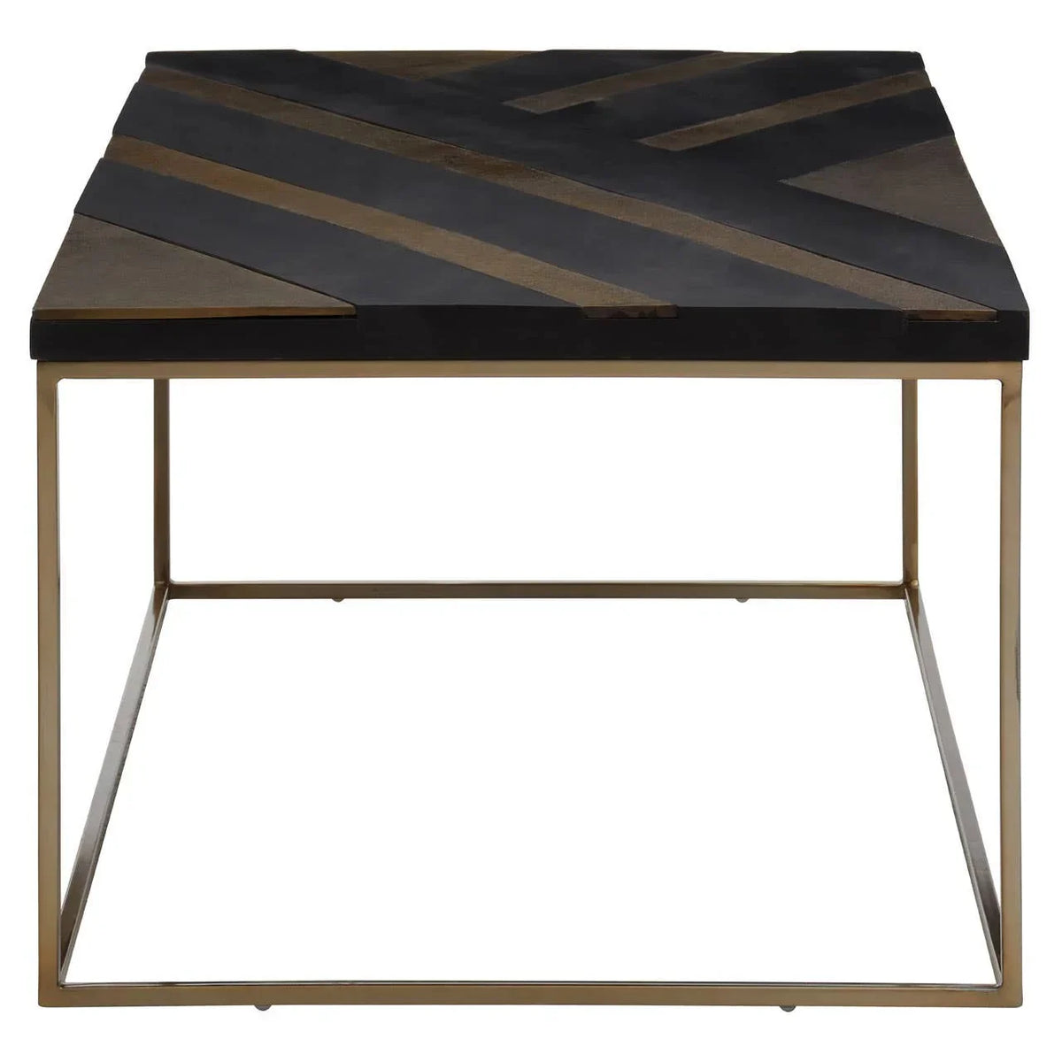 Square coffee table with geometric black and wood top on gold metal base