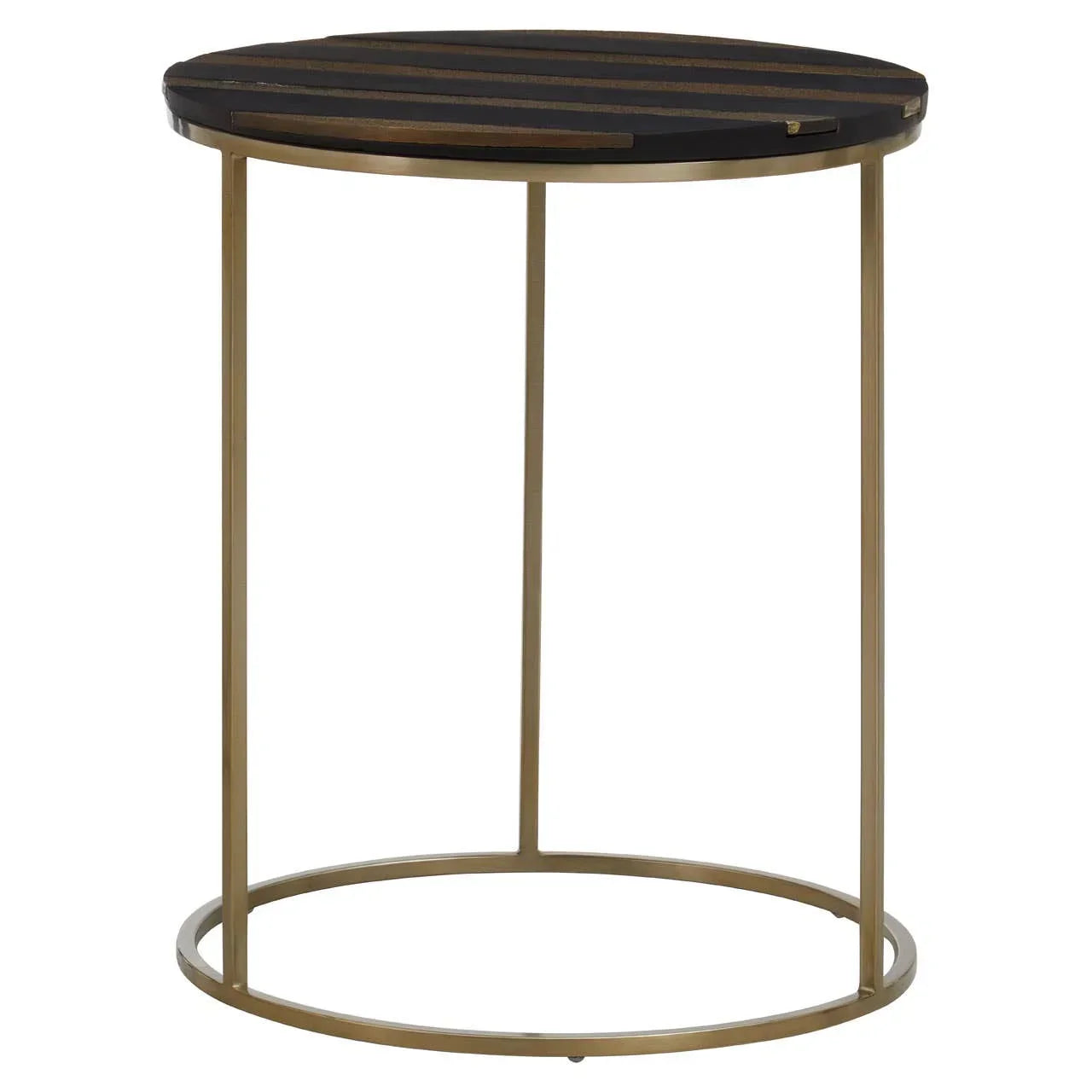Round side table with black and gold striped top and gold metal frame