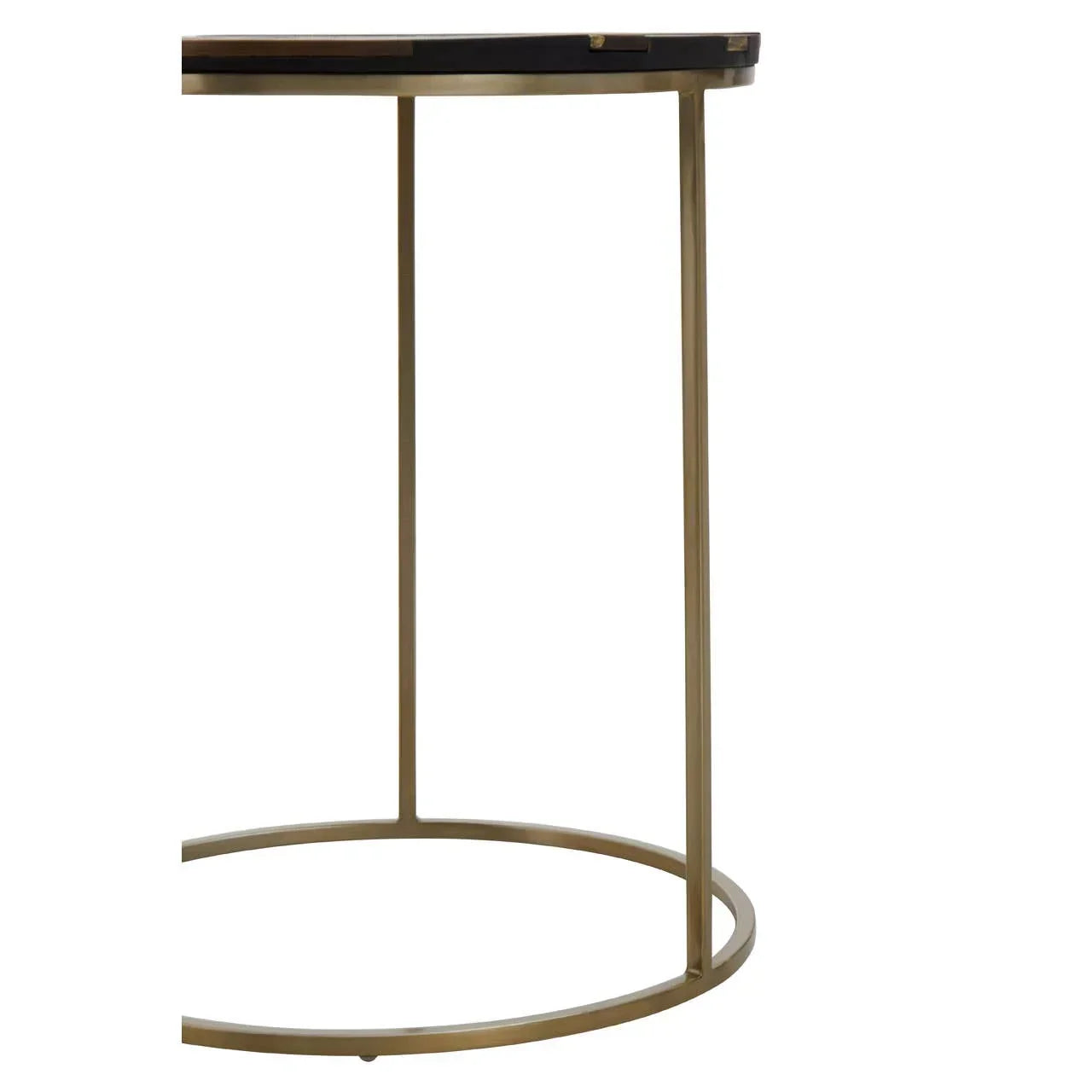 Round side table with gold metal frame and black tabletop, partial side view