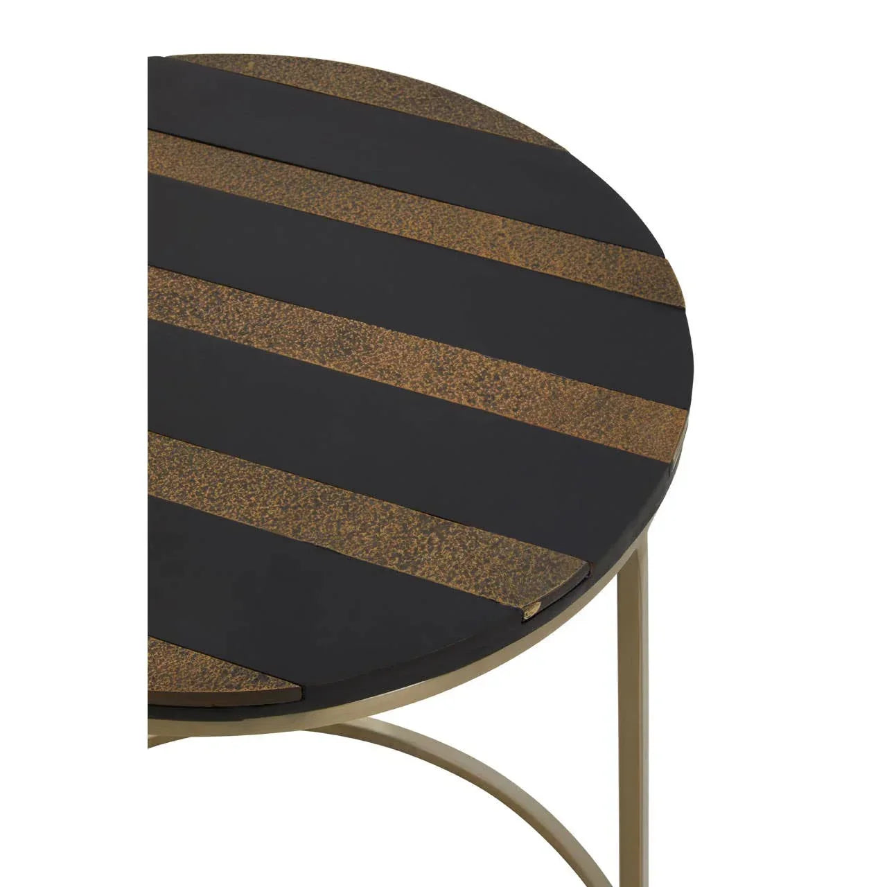 Round side table with black and gold stripe metal top and gold metal legs