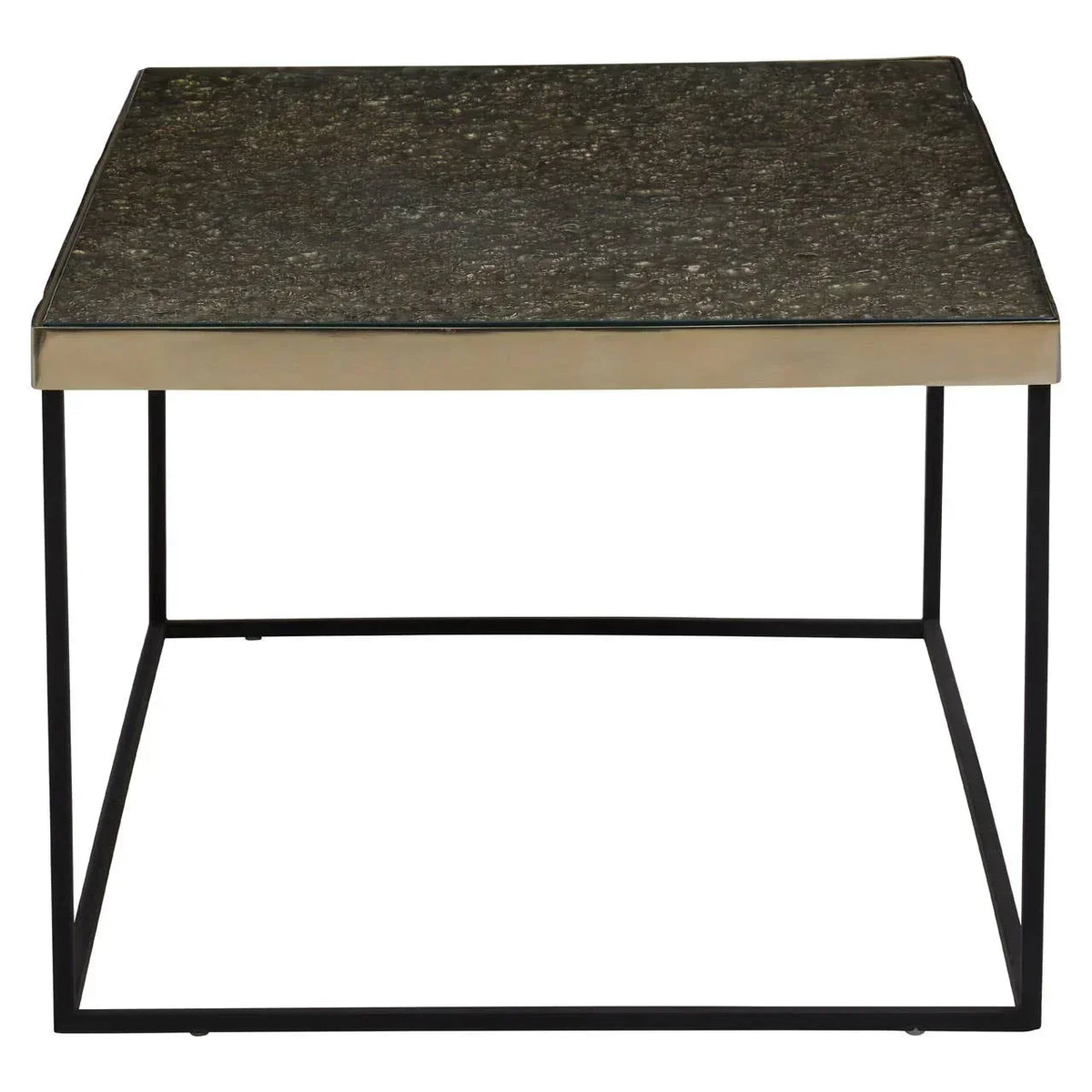 Square coffee table with black stone top and slim metal legs