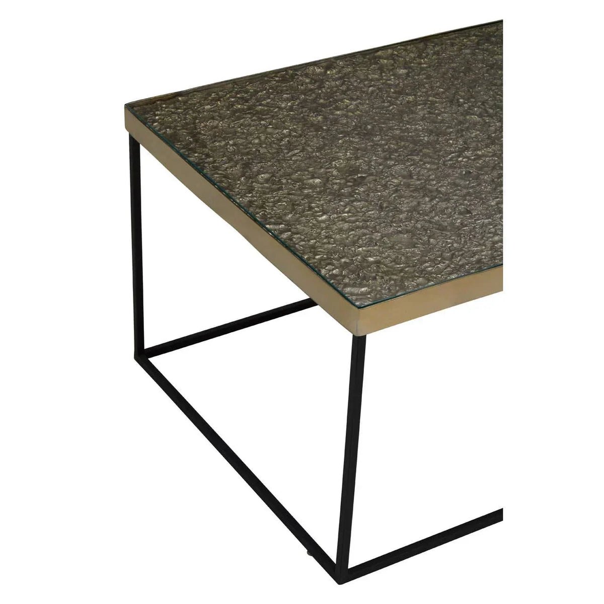 Textured glass top coffee table with black metal frame, corner view