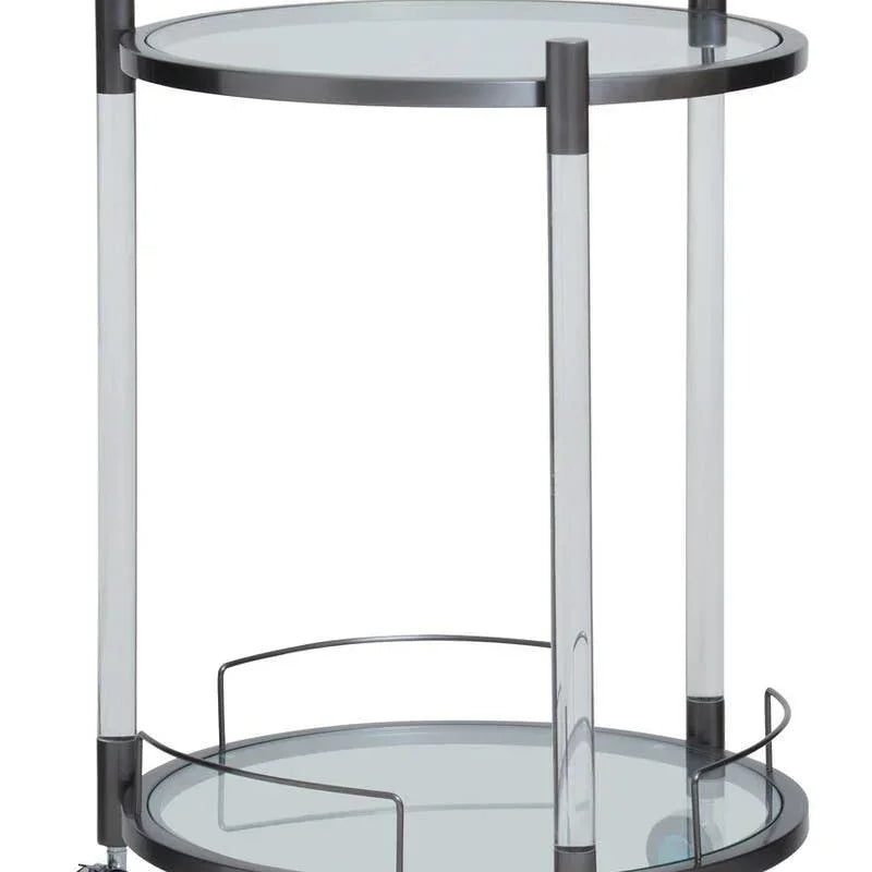 Round glass drinks trolley with chrome frame and wheels, two tiers, modern style