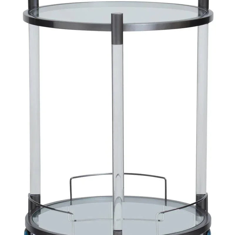 Round glass serving trolley with chrome frame, two tiers and caster wheels