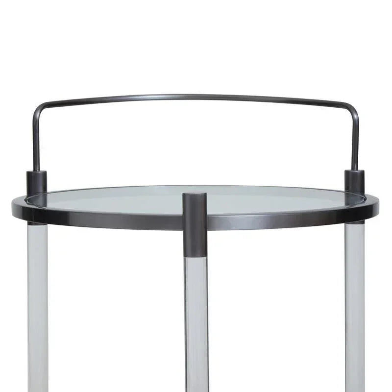 Modern round side table with glass top and black metal frame, front view