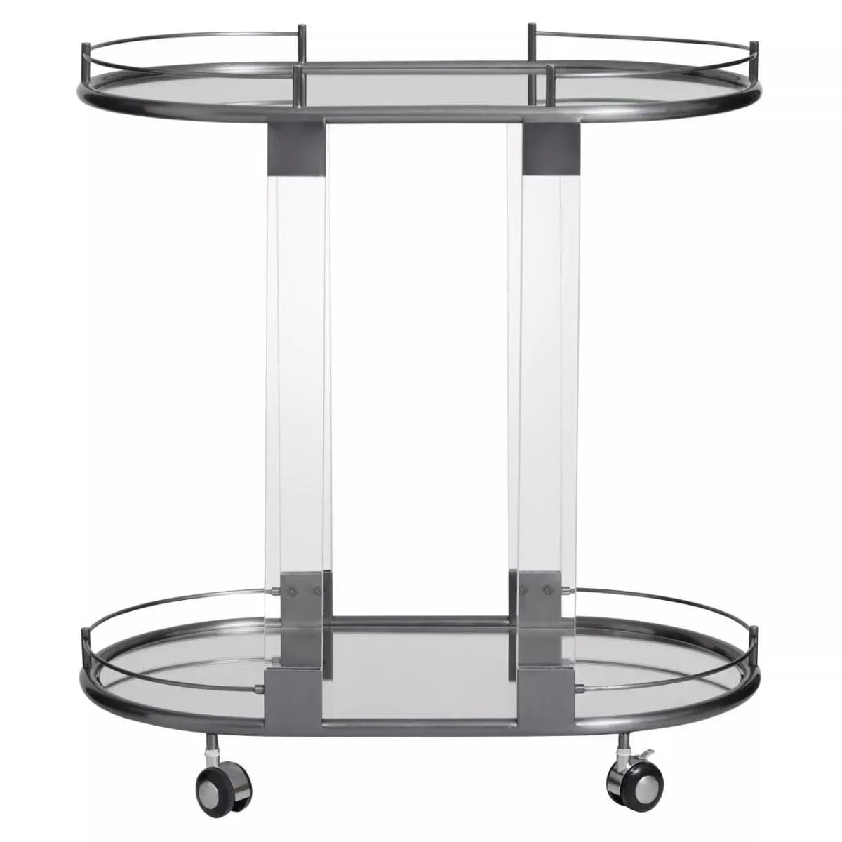 Clear glass bar cart with chrome frame, two shelves, and rolling caster wheels