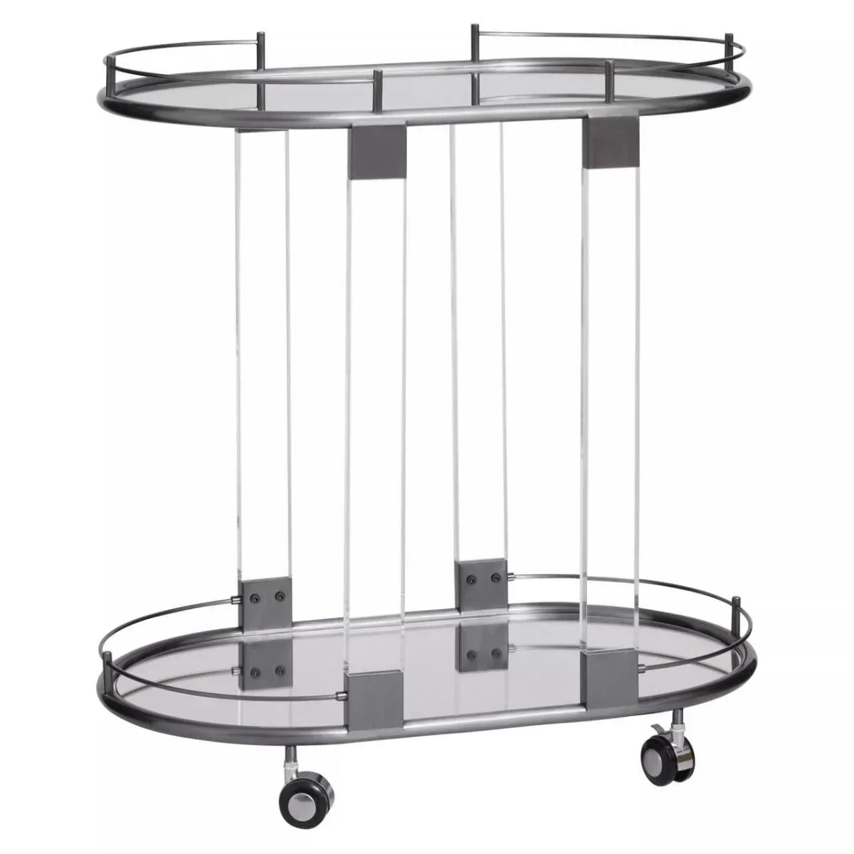 Modern glass and metal drinks trolley with two shelves and black frame on wheels