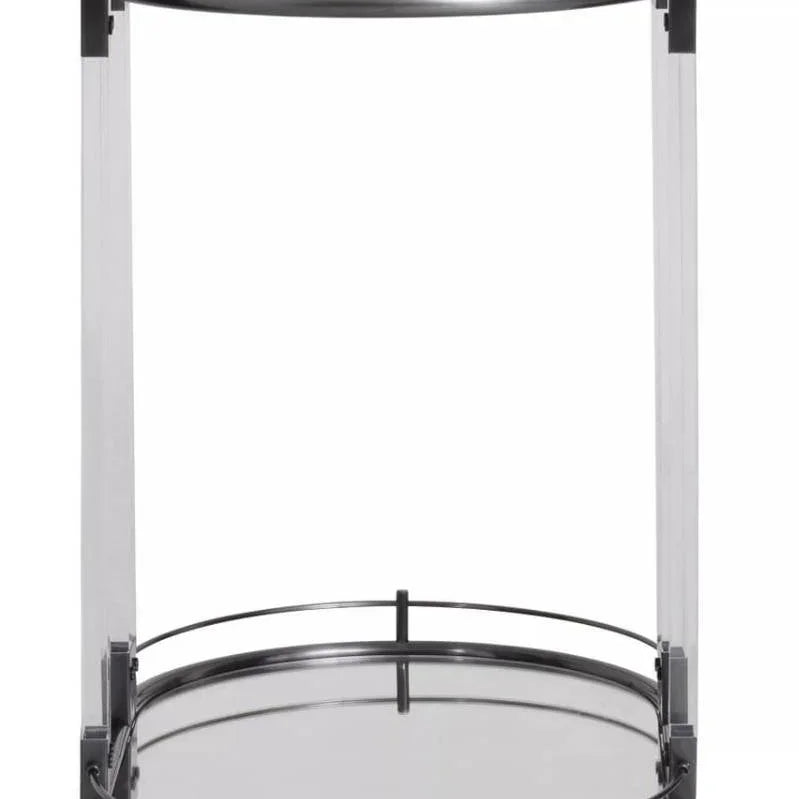 Round glass drinks trolley with chrome frame, clear shelves and four caster wheels