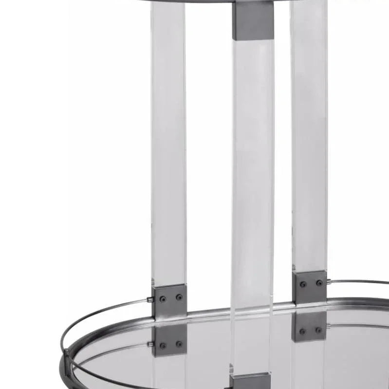 Modern glass drinks trolley with chrome frame and caster wheels, side view
