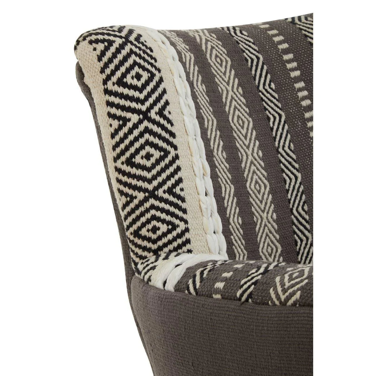 Closeup of patterned fabric armchair with black and cream geometric upholstery