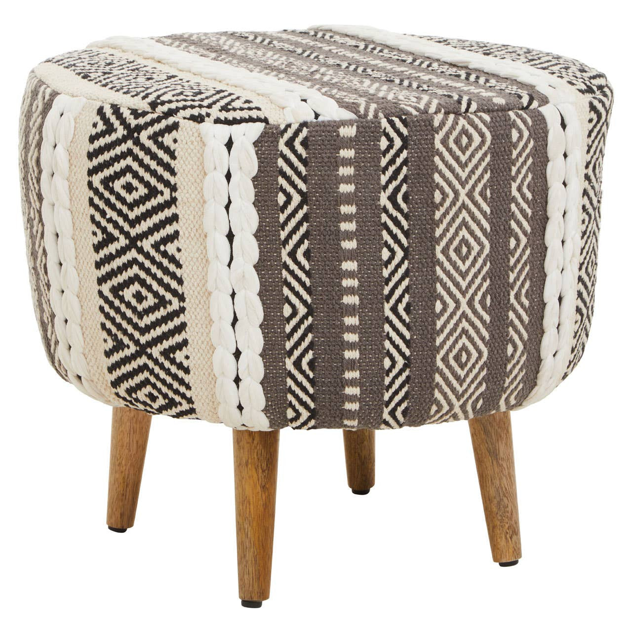 Round stool featuring a grey and white patterned fabric with geometric designs, supported by four wooden legs. The stool has a soft, textured appearance, making it suitable for various home decor styles