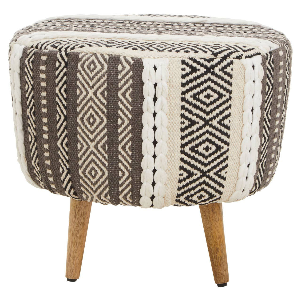 Round stool featuring a grey and white patterned upholstery with geometric designs, supported by four wooden legs. The fabric has a textured appearance, adding a cozy touch to home decor
