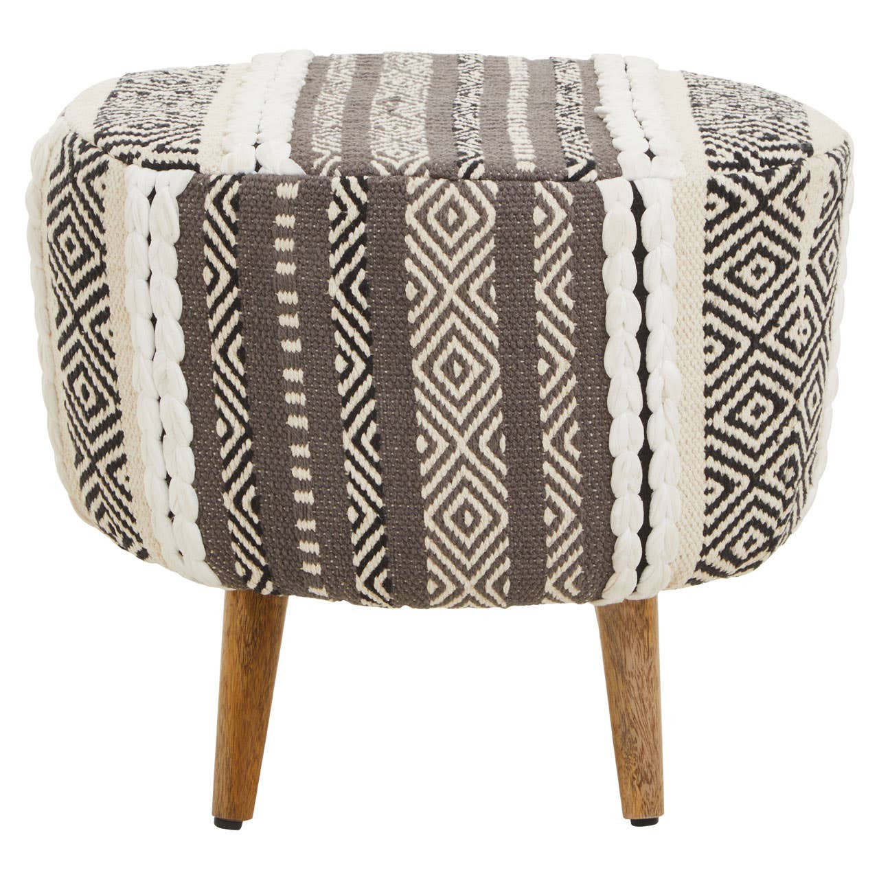 Round stool featuring a grey and white patterned fabric upholstery with geometric designs, supported by three wooden legs. The stool has a plush, cushioned top and a compact, modern shape suitable for various home decor styles