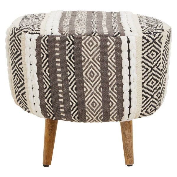 Round stool featuring a grey and white patterned fabric upholstery with geometric designs, supported by three wooden legs. The stool has a plush, cushioned top and a compact, modern shape suitable for various home decor styles