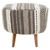 Round stool featuring a grey and white patterned fabric upholstery with geometric designs, supported by three wooden legs. The stool has a plush, cushioned top and a compact, modern shape suitable for various home decor styles