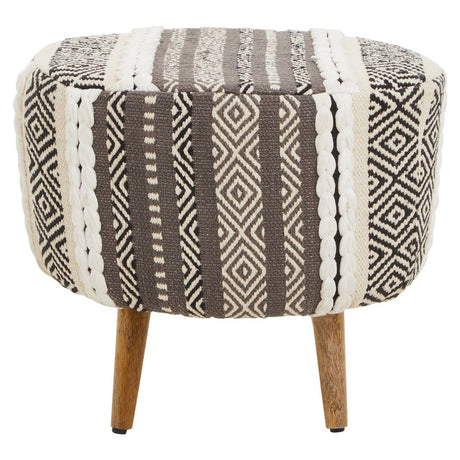 Round stool featuring a grey and white patterned fabric upholstery with geometric designs, supported by three wooden legs. The stool has a plush, cushioned top and a compact, modern shape suitable for various home decor styles