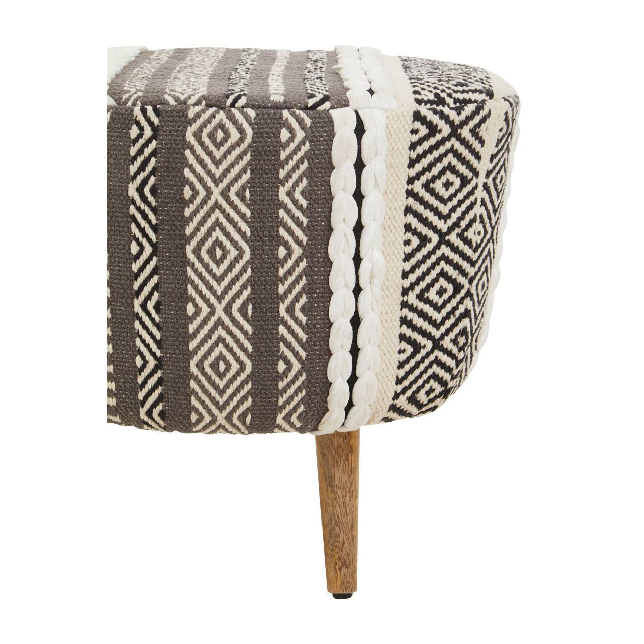 A grey and white patterned stool with a rounded top and a single wooden leg, featuring a geometric design in neutral tones