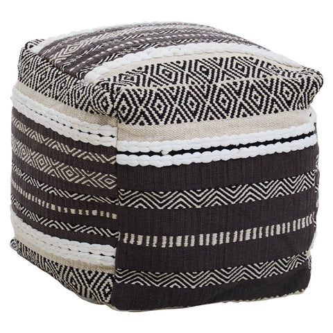 Square pouffe featuring a textured design with alternating stripes in grey, white, and black. The top is flat and cushioned, while the sides display a mix of woven patterns, adding a cozy and stylish touch to home decor