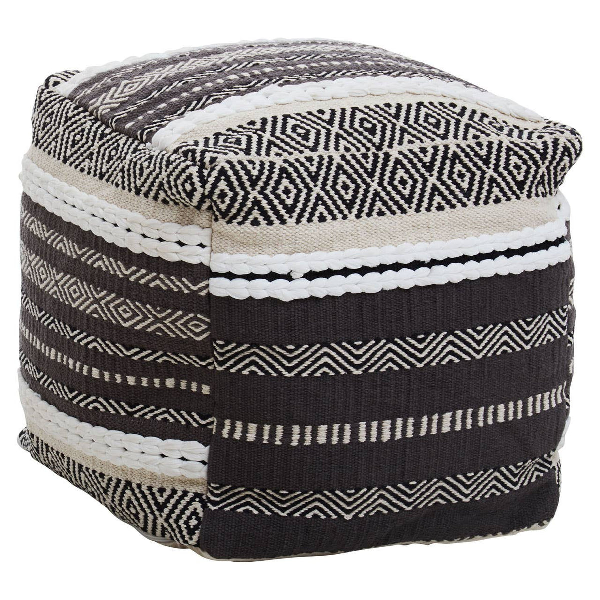 Square pouffe featuring a textured design with alternating stripes in grey, white, and black. The top is flat and cushioned, while the sides display a mix of woven patterns, adding a cozy and stylish touch to home decor