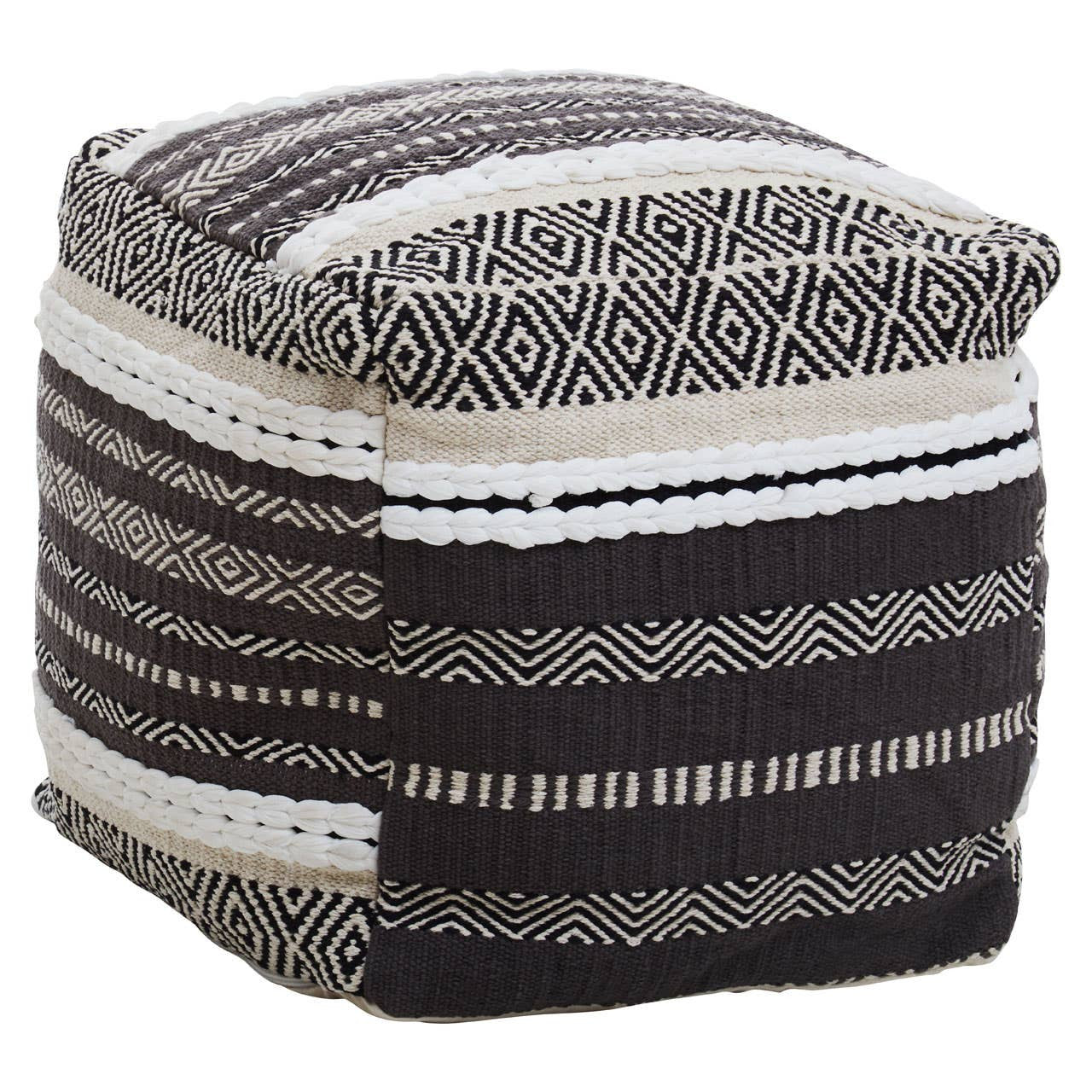 Square pouffe featuring a textured design with alternating stripes in grey, white, and black. The top is flat and cushioned, while the sides display a mix of woven patterns, adding a cozy and stylish touch to home decor