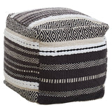 Square pouffe featuring a textured design with alternating stripes in grey, white, and black. The top is flat and cushioned, while the sides display a mix of woven patterns, adding a cozy and stylish touch to home decor