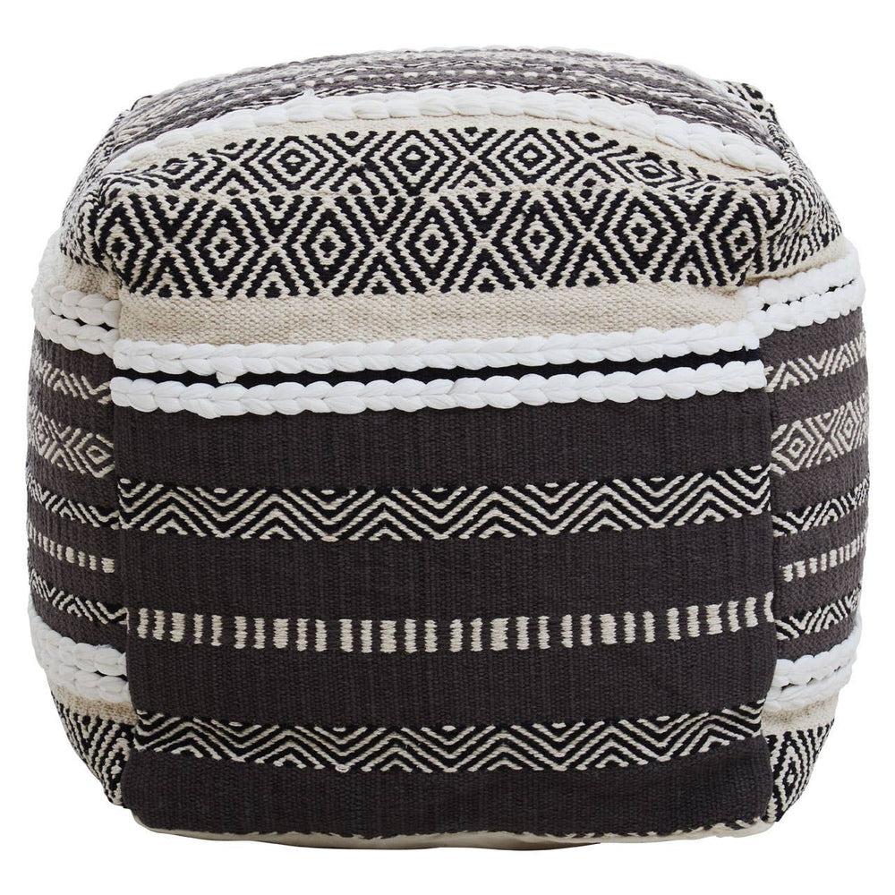 A square pouffe featuring a grey and white woven design with various textured patterns, including stripes and geometric shapes, suitable for home decor