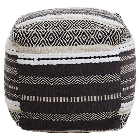 A square pouffe featuring a grey and white woven design with various textured patterns, including stripes and geometric shapes, suitable for home decor