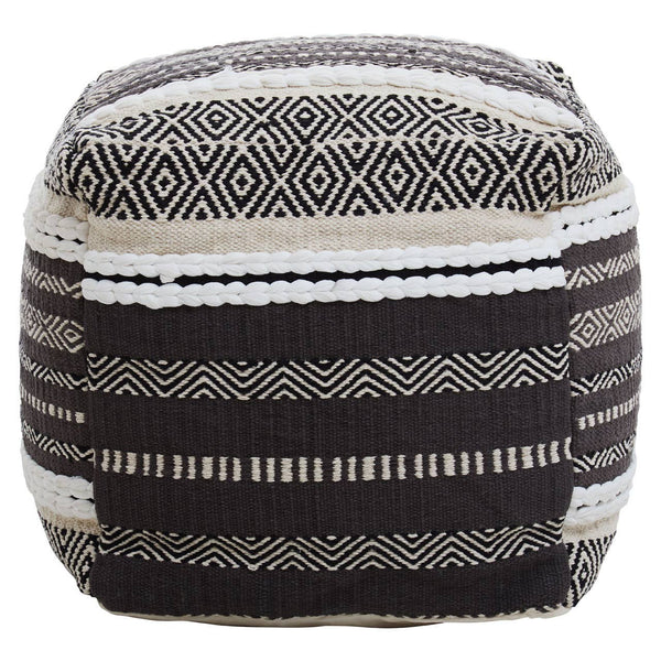 A square pouffe featuring a grey and white woven design with various textured patterns, including stripes and geometric shapes, suitable for home decor