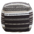 A square pouffe featuring a grey and white woven design with various textured patterns, including stripes and geometric shapes, suitable for home decor