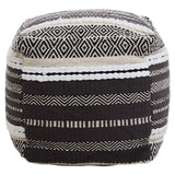 A square pouffe featuring a grey and white woven design with various textured patterns, including stripes and geometric shapes, suitable for home decor