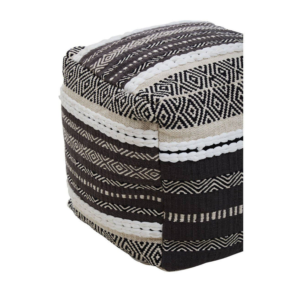 Square pouffe featuring a textured design in shades of grey, white, and black, with horizontal stripes and a woven appearance, suitable for home decor