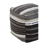 Square pouffe featuring a textured design in shades of grey, white, and black, with horizontal stripes and a woven appearance, suitable for home decor