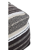 A close-up view of a grey and white pouffe featuring a geometric pattern with alternating stripes and textures, showcasing a soft, textured fabric. The pouffe has a rounded shape and is designed for versatile use in home decor