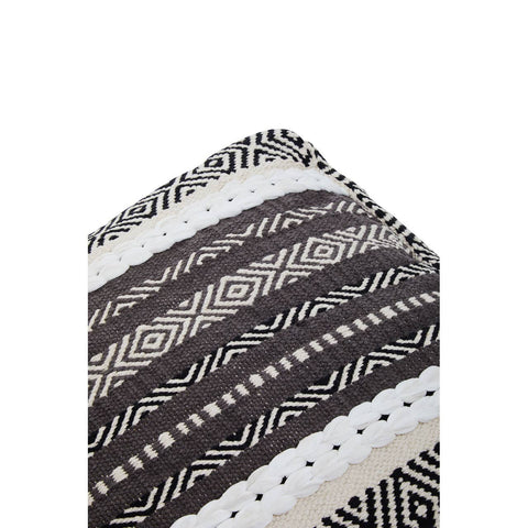 A grey and white pouffe featuring a geometric pattern with alternating stripes and decorative motifs, designed for home furniture use