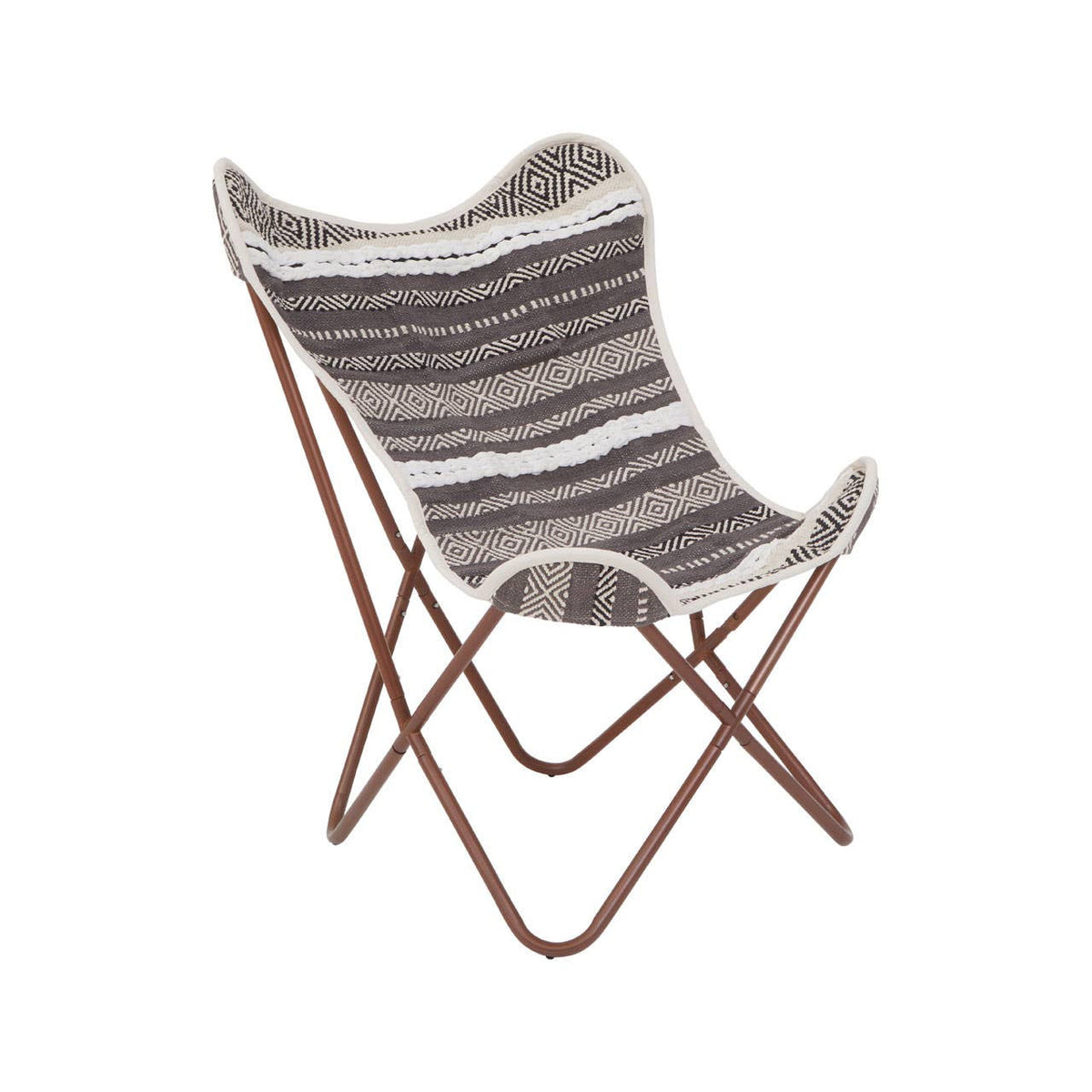 A butterfly chair featuring a grey and white striped fabric seat with a soft texture, supported by a sleek, brown metal frame that creates a modern and stylish look. The chair's unique shape and open design make it suitable for both indoor and outdoor use