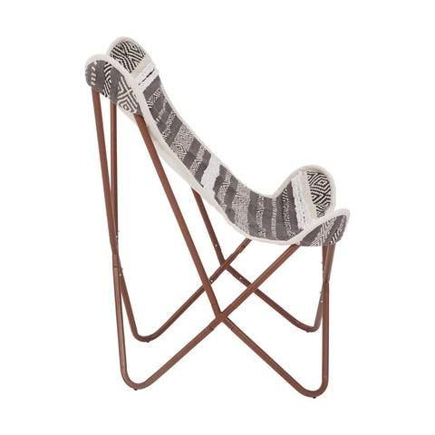 Grey and white butterfly chair with a curved fabric seat and a minimalist metal frame, featuring a stylish design suitable for modern home decor
