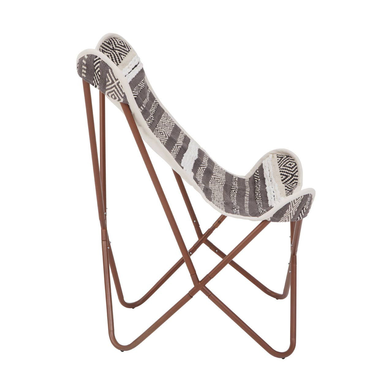 Grey and white butterfly chair with a curved fabric seat and a minimalist metal frame, featuring a stylish design suitable for modern home decor