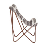 Grey and white butterfly chair with a curved fabric seat and a minimalist metal frame, featuring a stylish design suitable for modern home decor