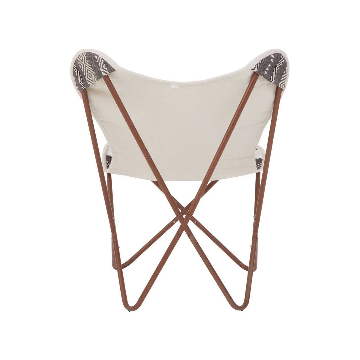 A grey and white butterfly chair featuring a cream-colored fabric seat supported by a sleek, brown metal frame with crossed legs. The chair has a minimalist design, showcasing a modern aesthetic suitable for various home decor styles