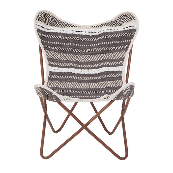 A butterfly chair featuring a grey and white striped fabric seat with a soft texture, supported by a sturdy brown metal frame that forms a cross design at the base. The chair's unique shape and colors make it a stylish addition to any home decor