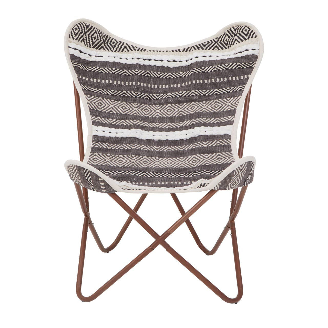 A butterfly chair featuring a grey and white striped fabric seat with a soft texture, supported by a sturdy brown metal frame that forms a cross design at the base. The chair's unique shape and colors make it a stylish addition to any home decor