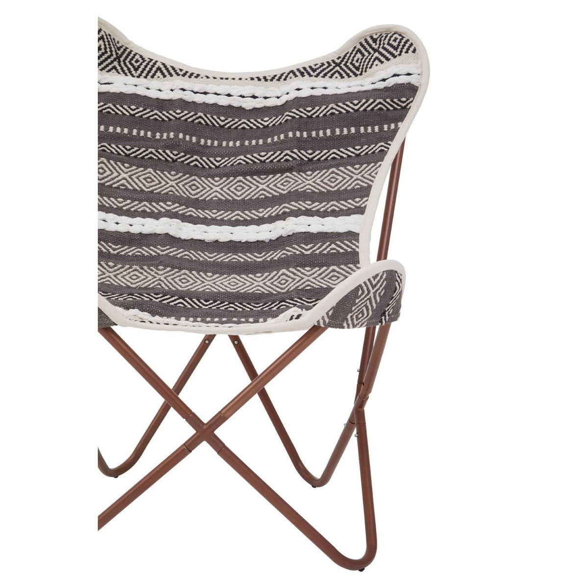A butterfly chair featuring a grey and white striped fabric seat supported by a sleek, brown metal frame, showcasing a modern and stylish design suitable for home decor