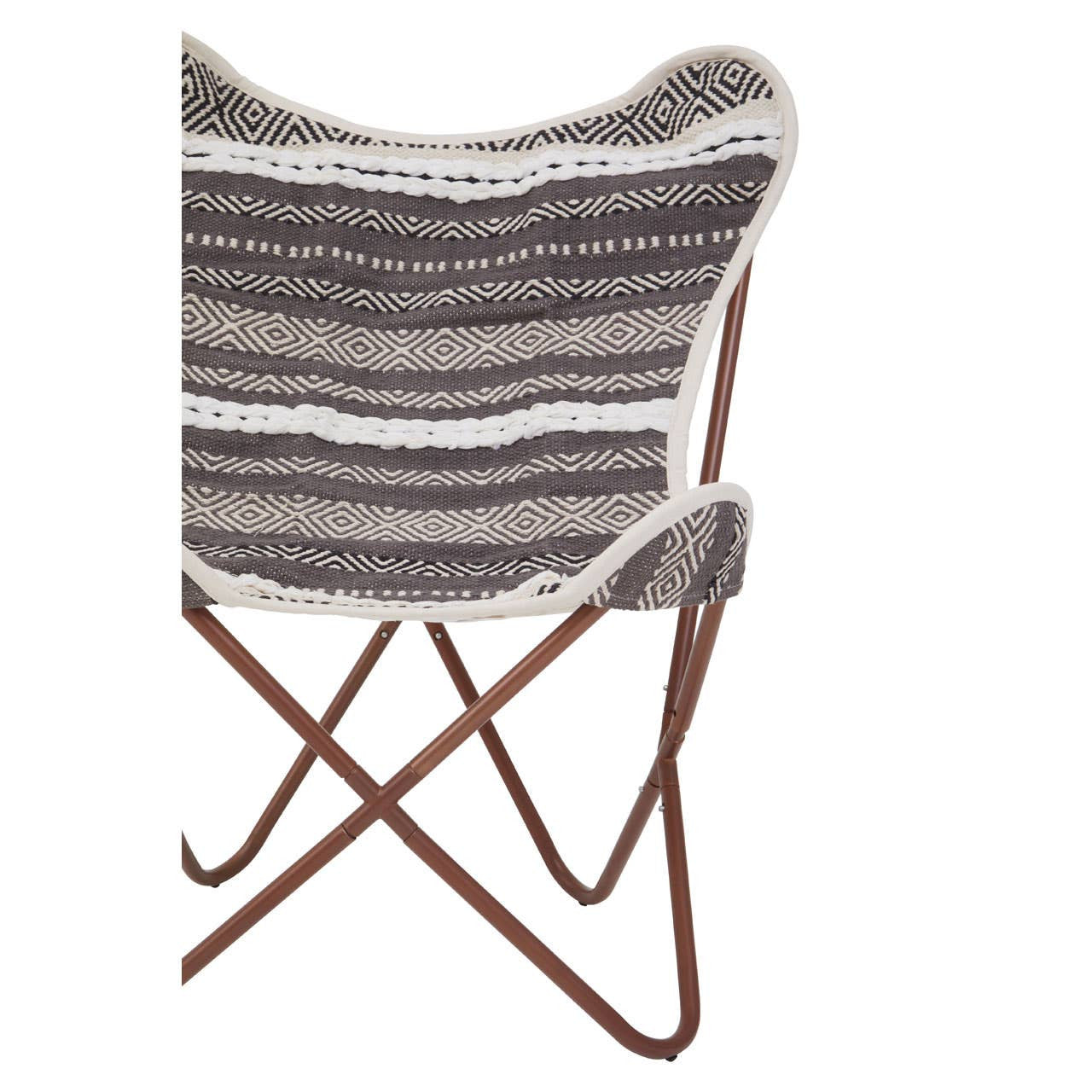 A butterfly chair featuring a grey and white striped fabric seat supported by a sleek, brown metal frame, showcasing a modern and stylish design suitable for home decor