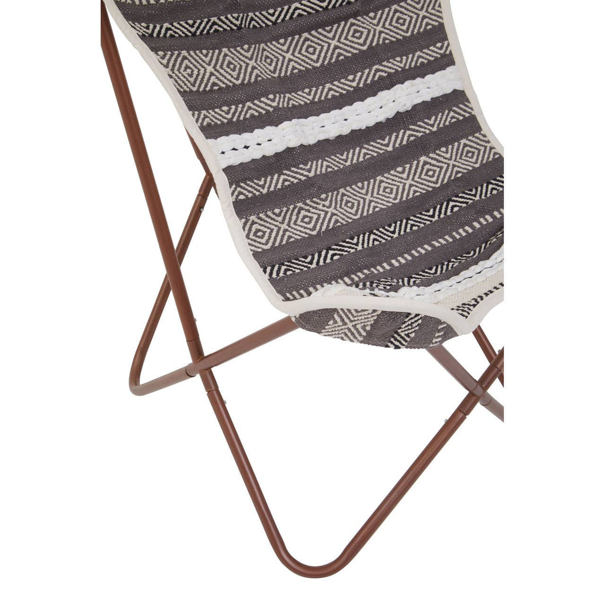 A grey and white striped fabric seat is stretched over a brown metal frame, forming a butterfly chair design. The chair is positioned at an angle, showcasing its unique shape and comfortable seating area