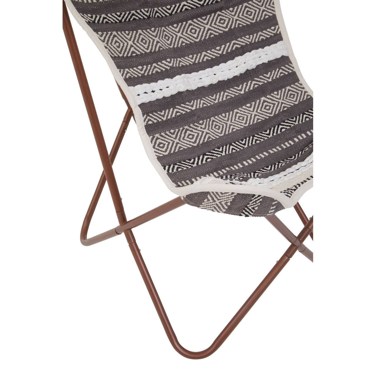 A grey and white striped fabric seat is stretched over a brown metal frame, forming a butterfly chair design. The chair is positioned at an angle, showcasing its unique shape and comfortable seating area