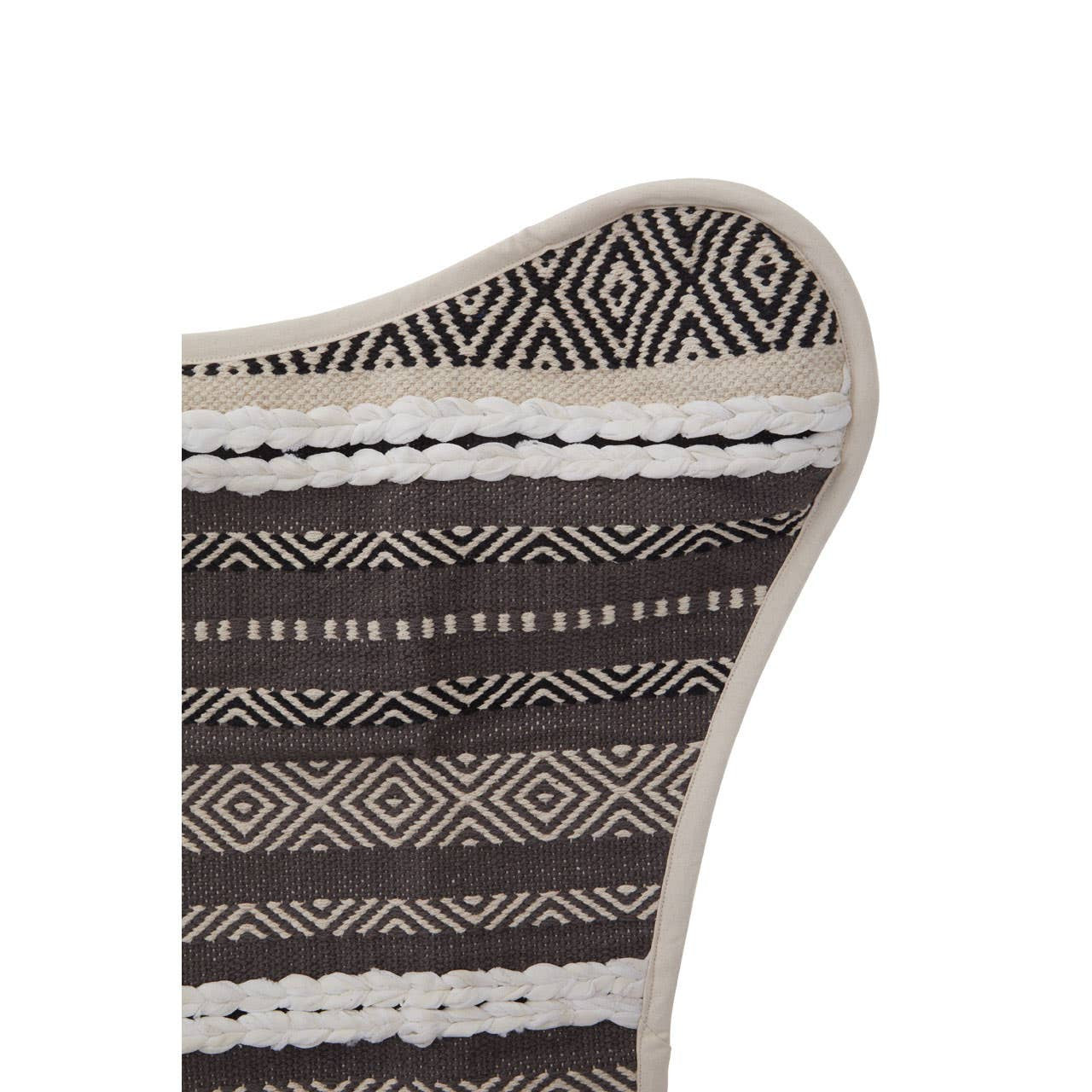 The corner of a grey and white butterfly chair featuring a woven fabric design with alternating stripes. The chair's frame is visible, showcasing a light-colored structure that complements the fabric. The texture of the fabric appears soft and inviting, ideal for casual seating