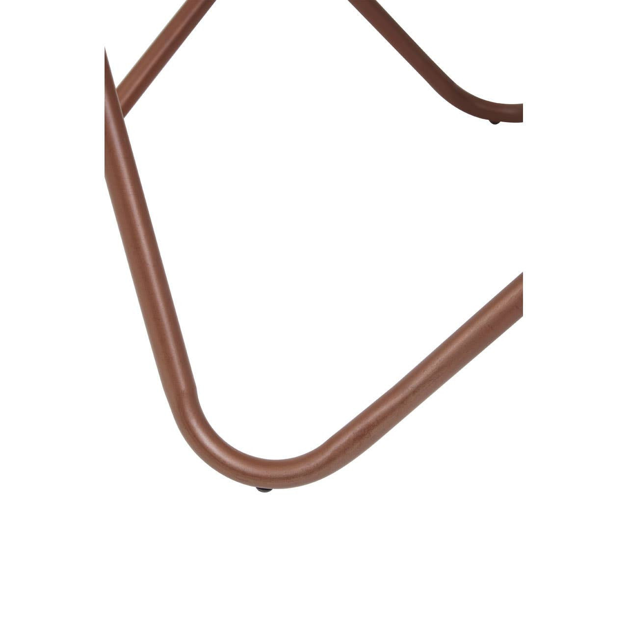 A close-up view of the frame of the Cefena Grey and White Butterfly Chair, showcasing its sleek, curved design and a warm brown finish. The chair's structure is highlighted, emphasizing the modern aesthetic and sturdy construction