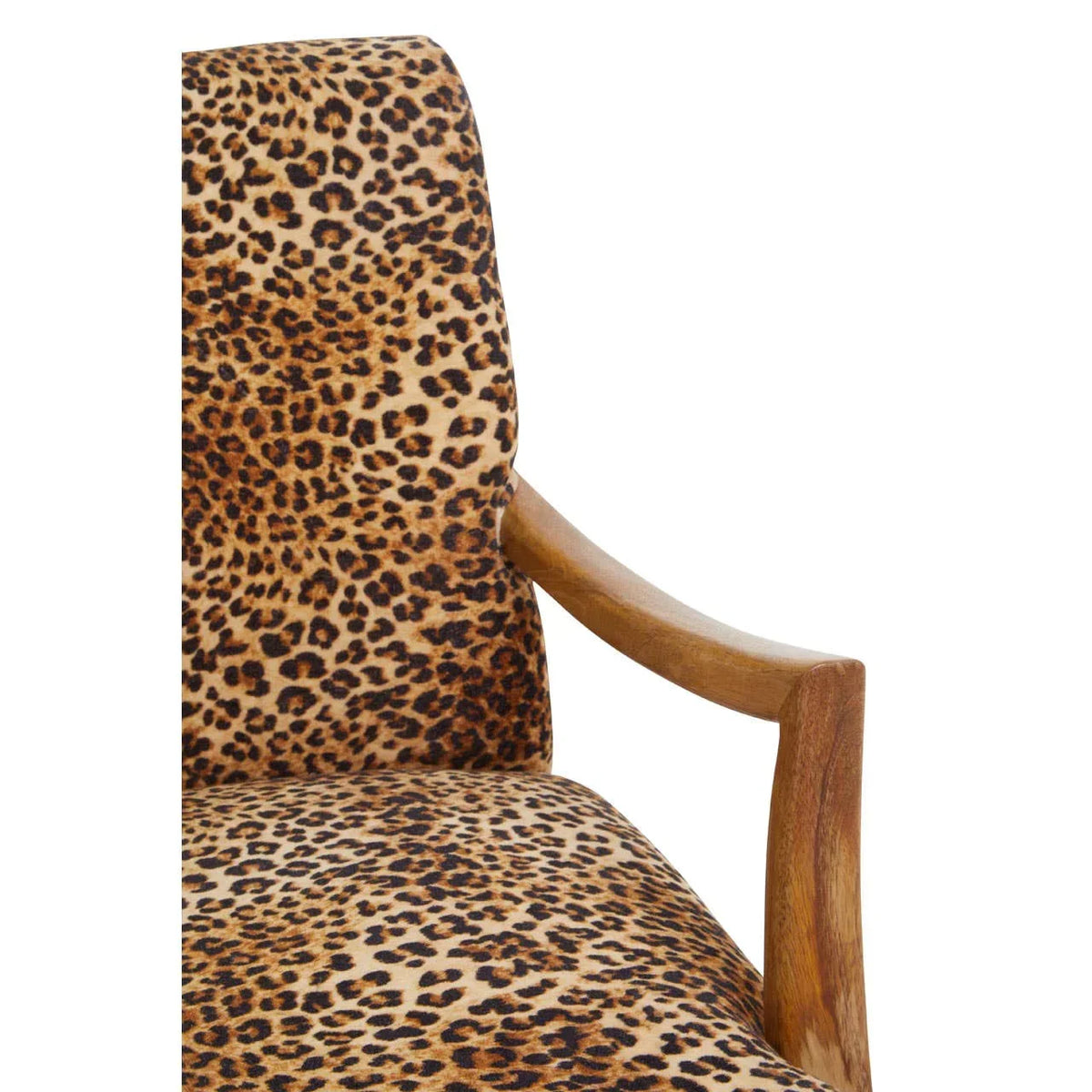 Leopard print accent chair with wooden armrest and upholstered seat
