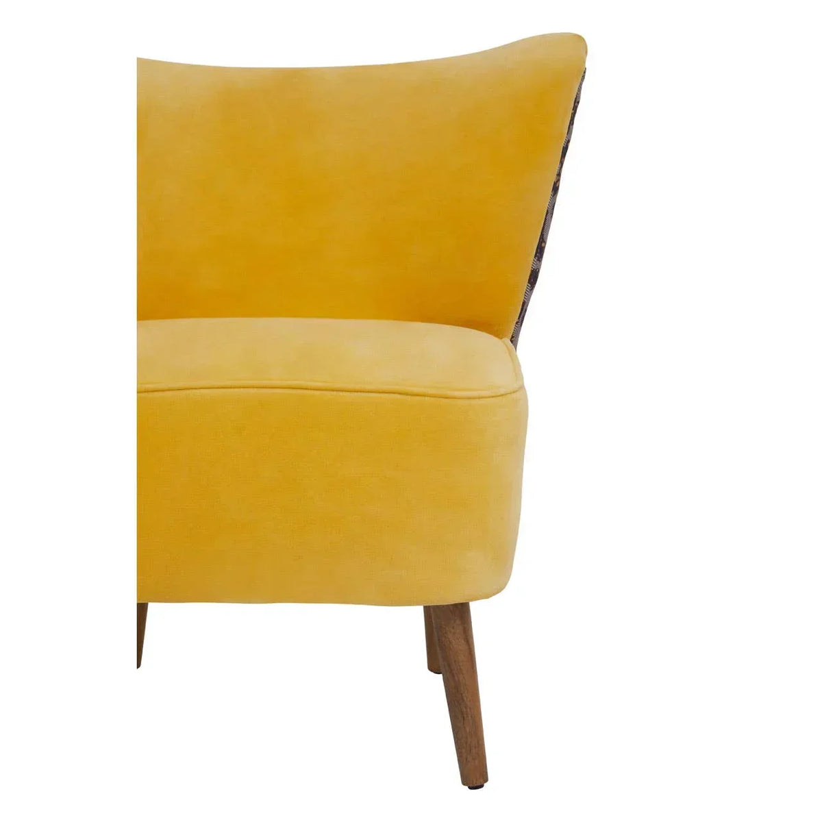 Yellow velvet accent chair with wooden legs, partial front view highlighting seat and backrest